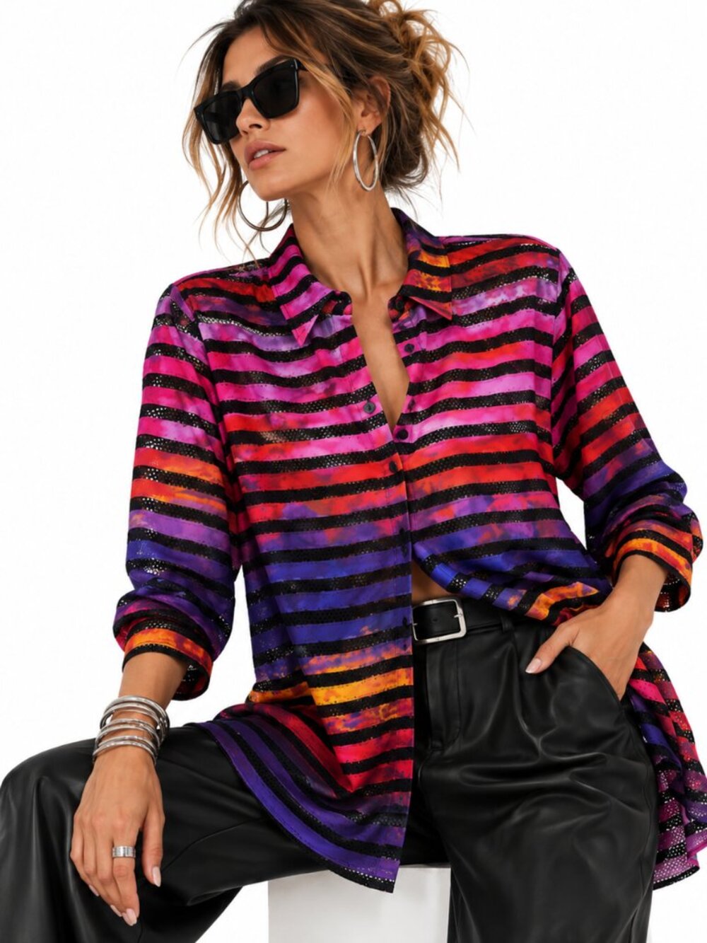 Ali Miles Tunic Blouse Womens L Multicolor Stripe‎ Mesh Button Front Artsy